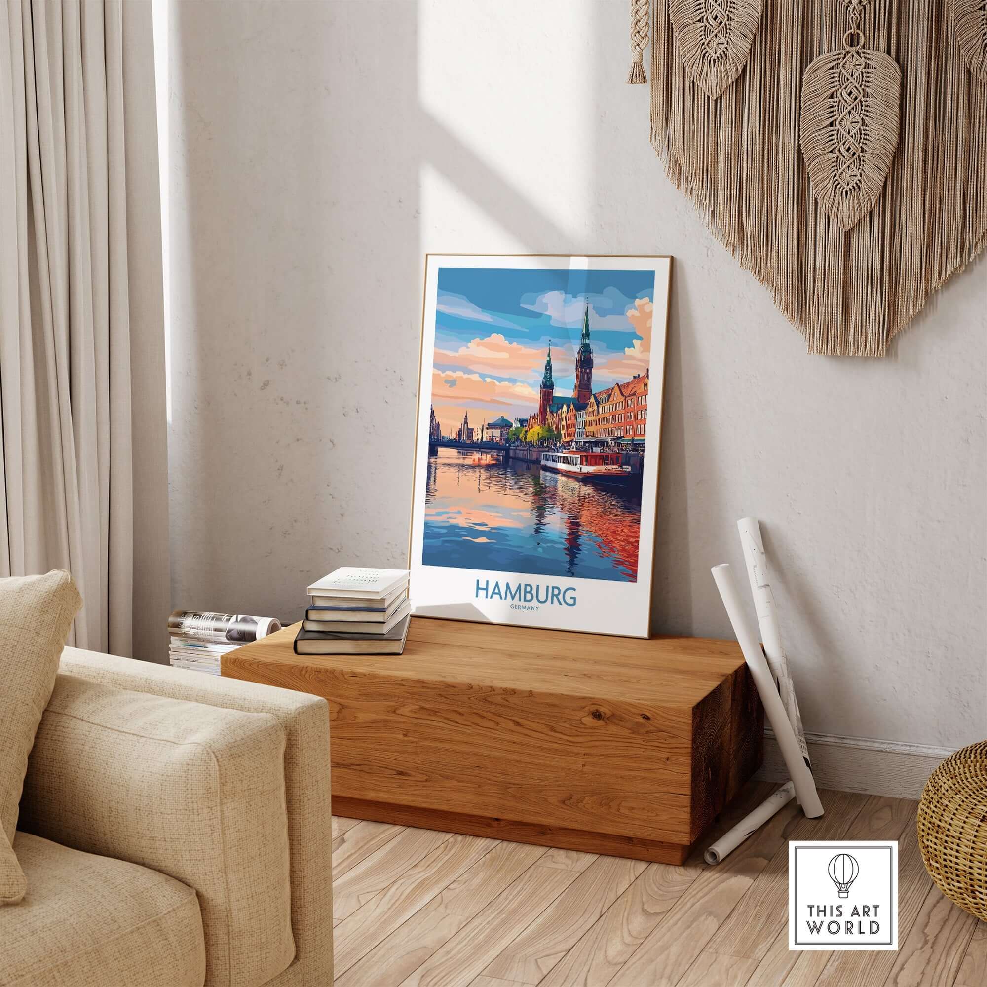 Hamburg Travel Poster showcasing iconic landmarks and vibrant colors in a stylish interior setting.