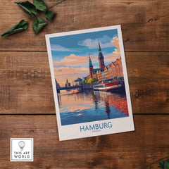 Hamburg Travel Poster showcasing the iconic skyline and vibrant colors of Hamburg, Germany.