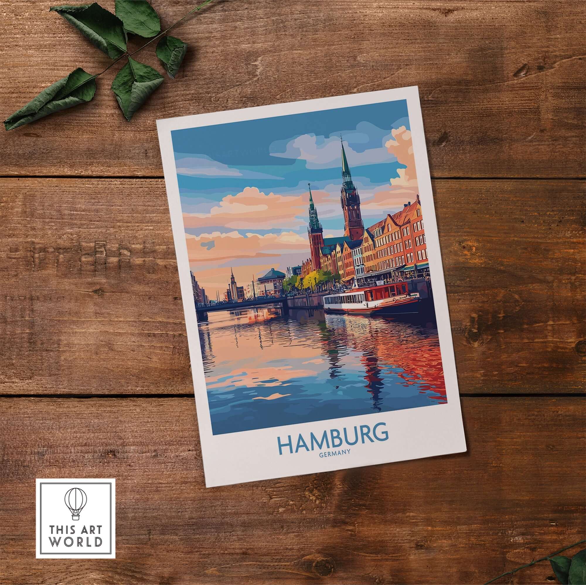Hamburg Travel Poster showcasing the iconic skyline and vibrant colors of Hamburg, Germany.