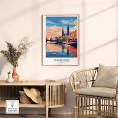 Hamburg Travel Poster showcasing iconic landmarks and vibrant colors in a beautifully styled interior.