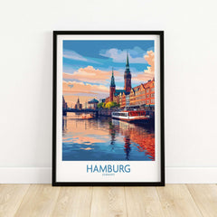 Hamburg Travel Poster showcasing iconic landmarks and vibrant colors of Hamburg, Germany, perfect for wall art.