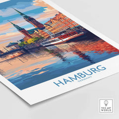 Hamburg Travel Poster featuring colorful cityscape and reflections in water, showcasing iconic landmarks of Hamburg, Germany.
