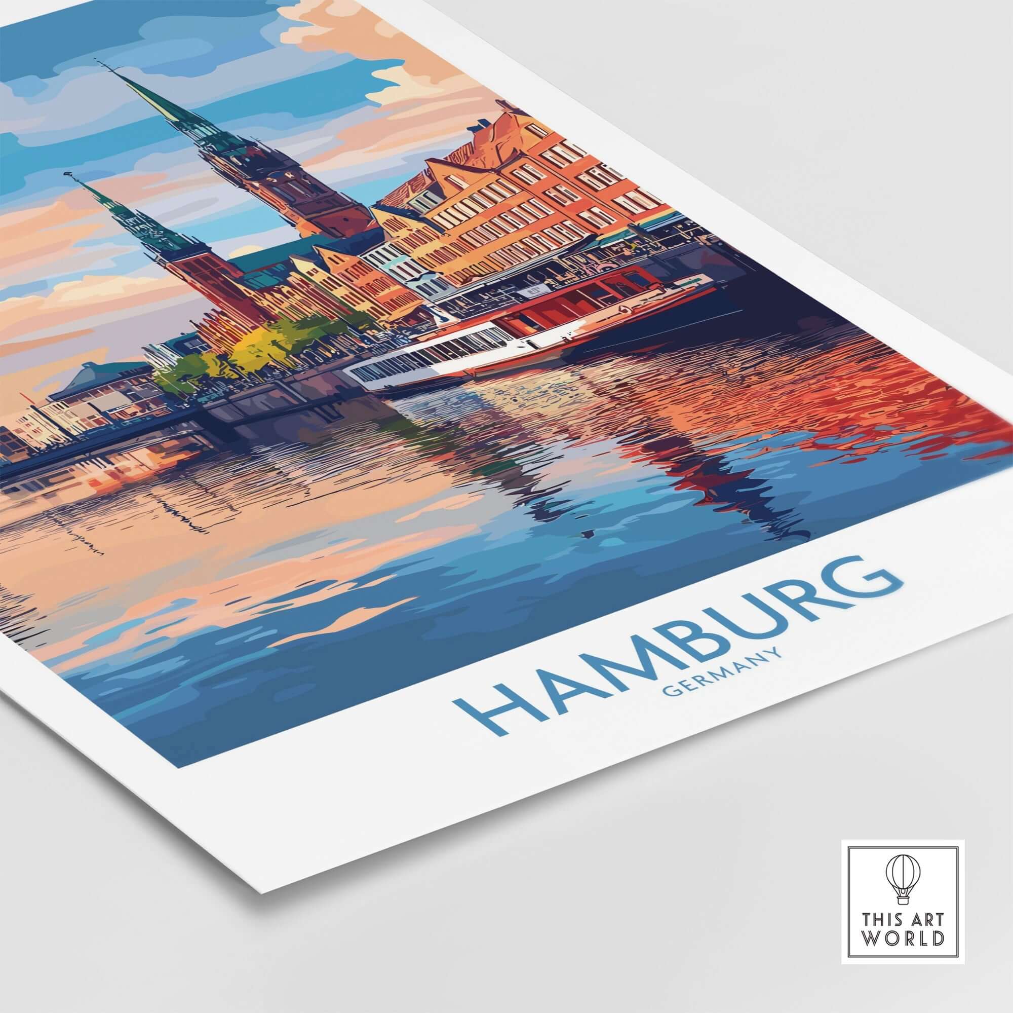 Hamburg Travel Poster featuring colorful cityscape and reflections in water, showcasing iconic landmarks of Hamburg, Germany.