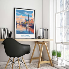 Hamburg Travel Poster showcasing iconic landmarks in vibrant colors, perfect for travel lovers and home décor.