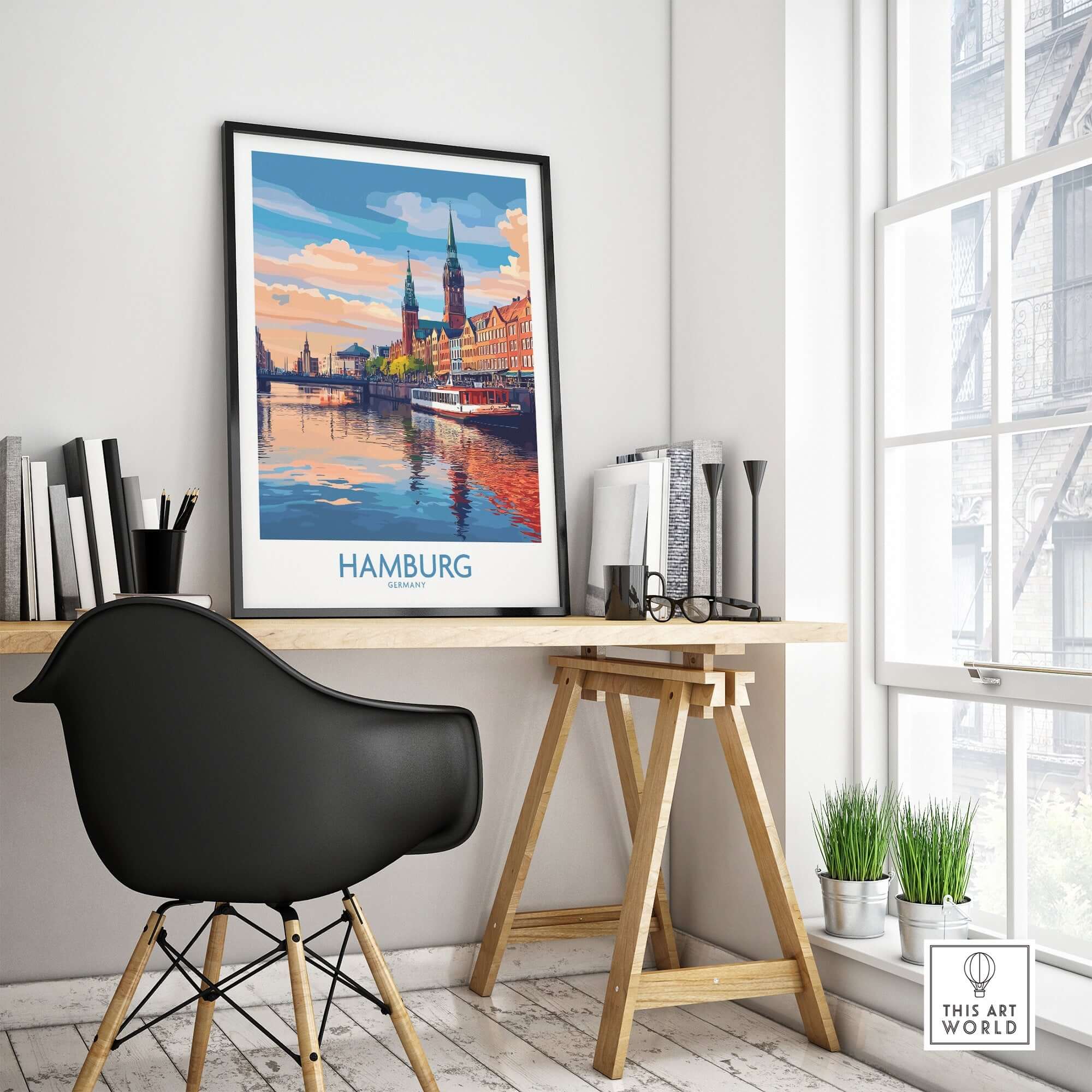 Hamburg Travel Poster showcasing iconic landmarks in vibrant colors, perfect for travel lovers and home décor.