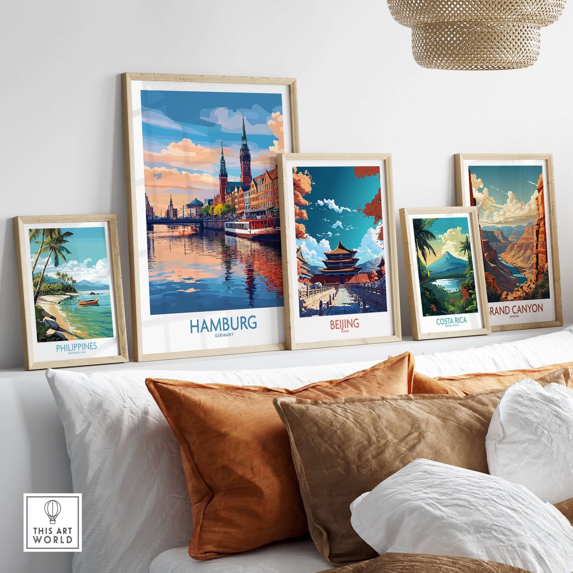 Hamburg Travel Poster displaying iconic landmarks in vibrant colors, perfect for travel lovers and home decor.