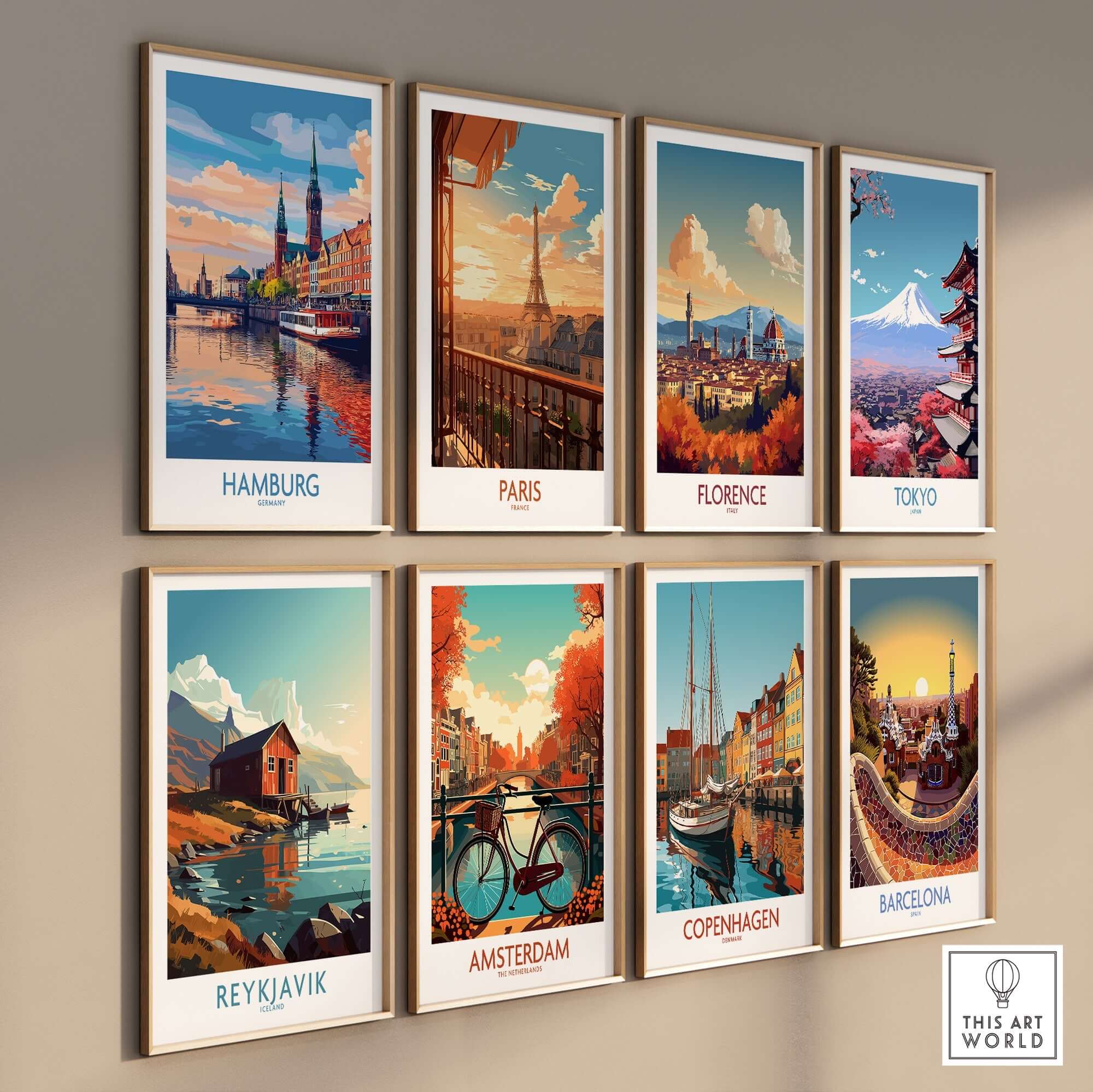 Hamburg Travel Poster collection showcasing iconic landmarks and vibrant colors, perfect for travel lovers and home decor.