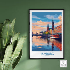 Hamburg Travel Poster showcasing iconic landmarks and vibrant colors of Hamburg, Germany.