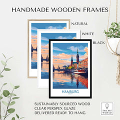Hamburg Travel Poster framed in handmade wooden frames, showcasing iconic landmarks and vibrant colors for home decor.