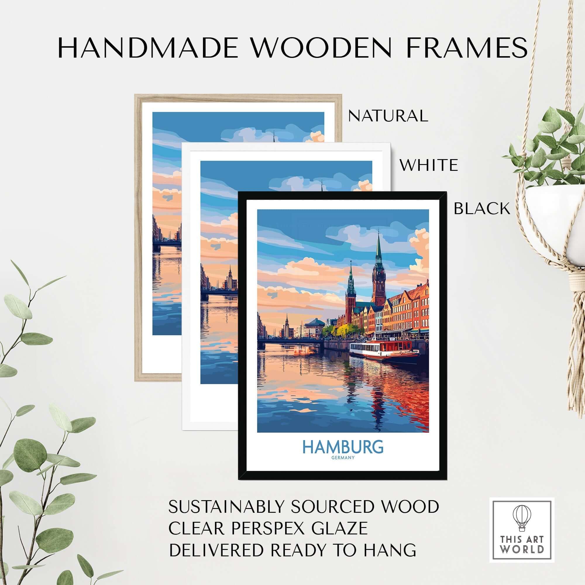 Hamburg Travel Poster framed in handmade wooden frames, showcasing iconic landmarks and vibrant colors for home decor.