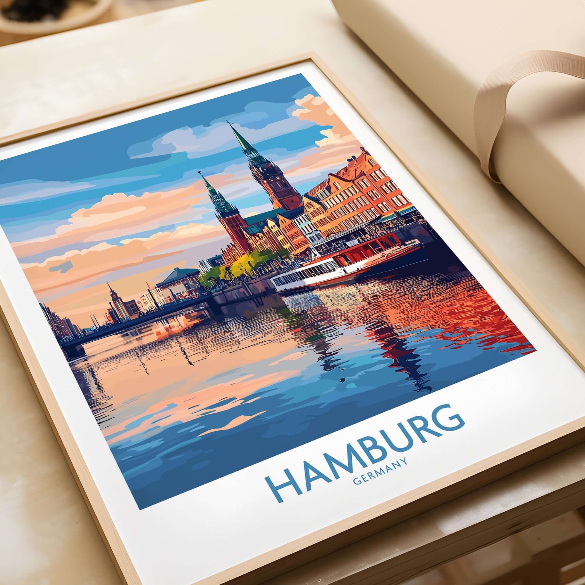 Hamburg Travel Poster showcasing iconic city landmarks and vibrant colors with reflections on the water in Germany.