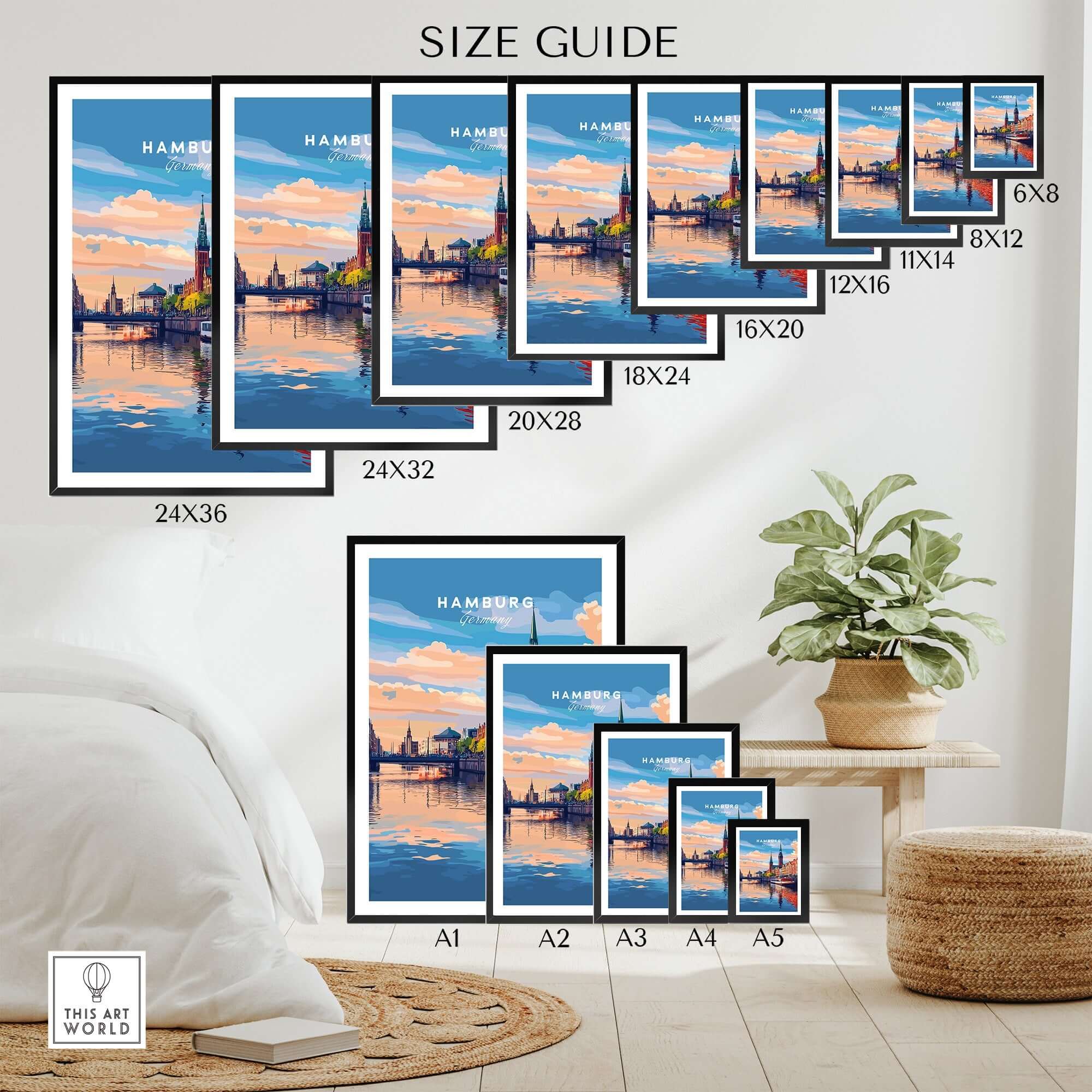 Size guide for Hamburg Travel Print wall art showcasing different frame sizes and layout options.