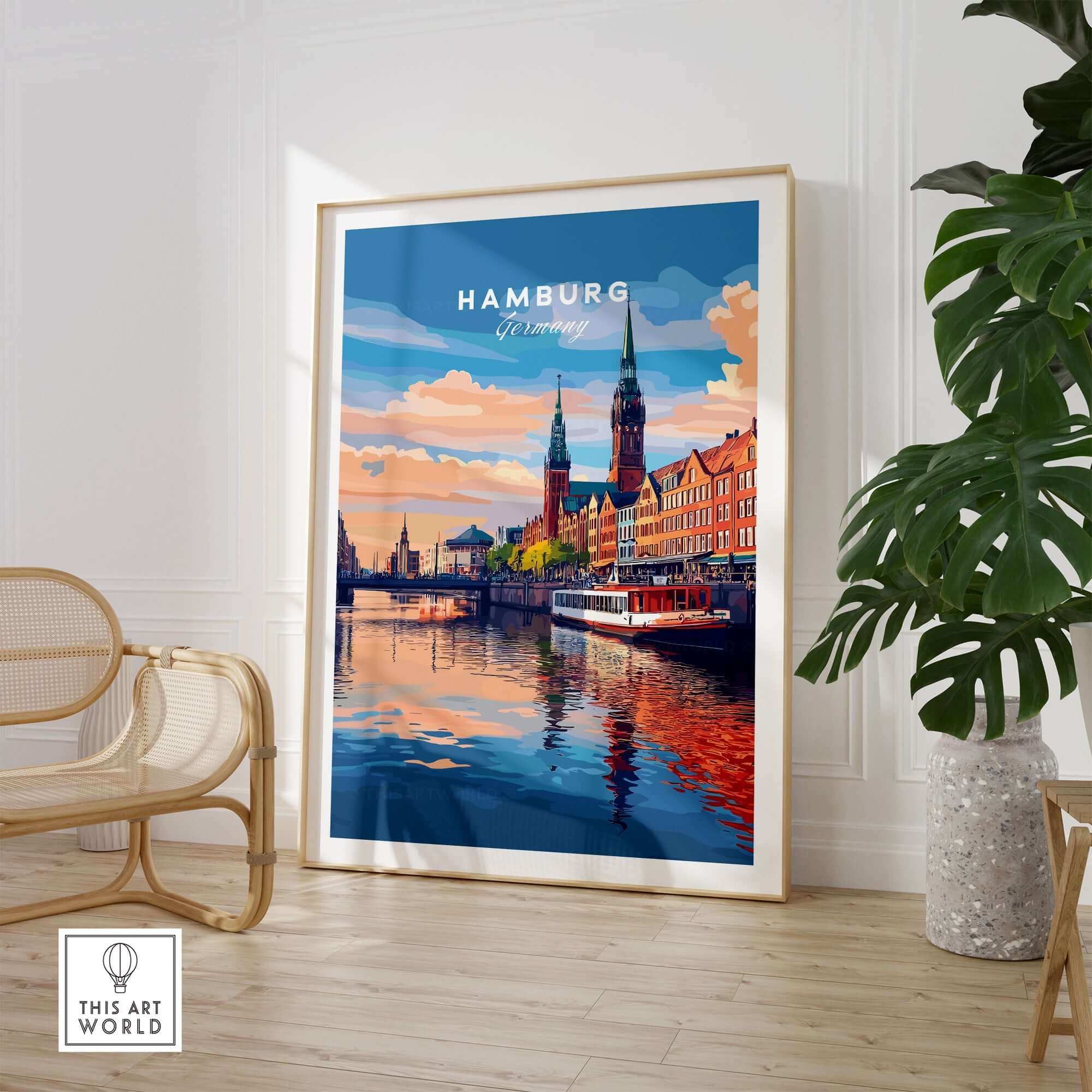 Hamburg Travel Print featuring stunning views of Hamburg's architecture and river reflections in vibrant colors.