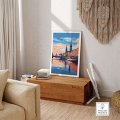 Hamburg Travel Print showcasing stunning views of Hamburg's skyline and canals in a cozy home setting.