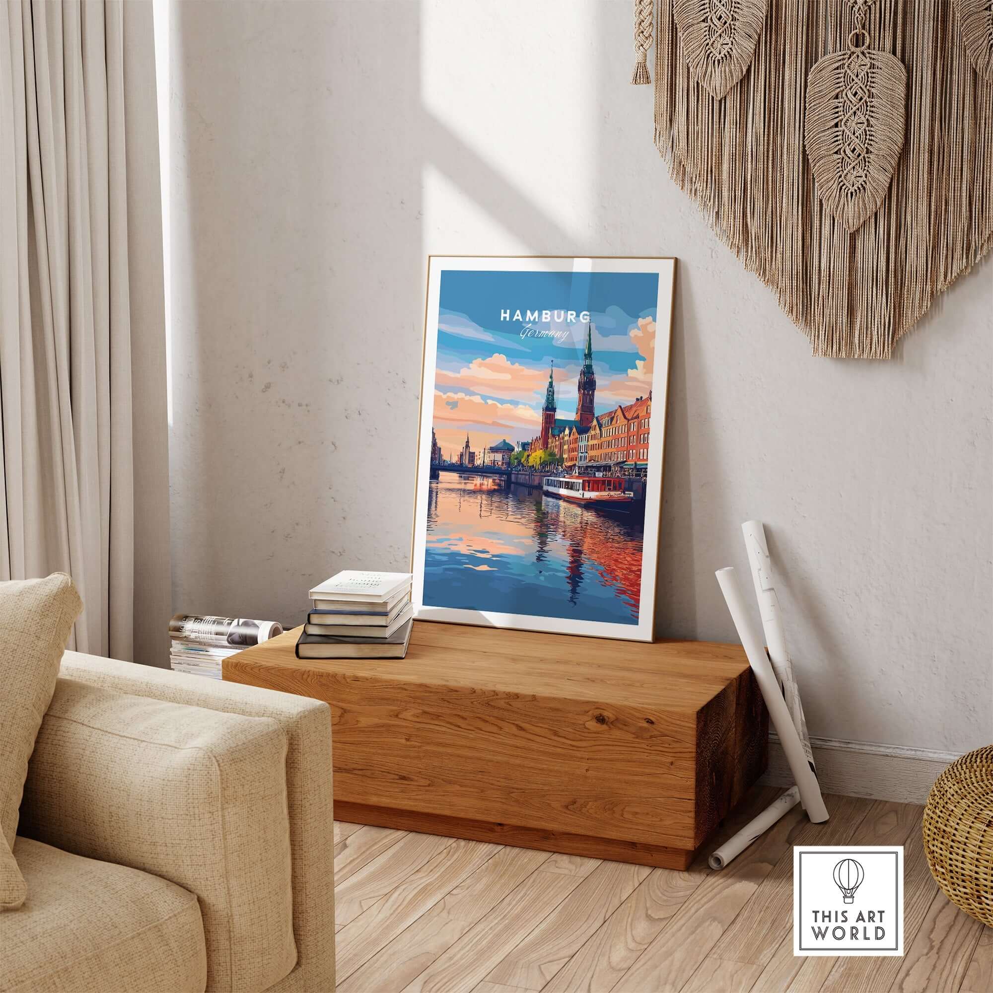 Hamburg Travel Print showcasing stunning views of Hamburg's skyline and canals in a cozy home setting.