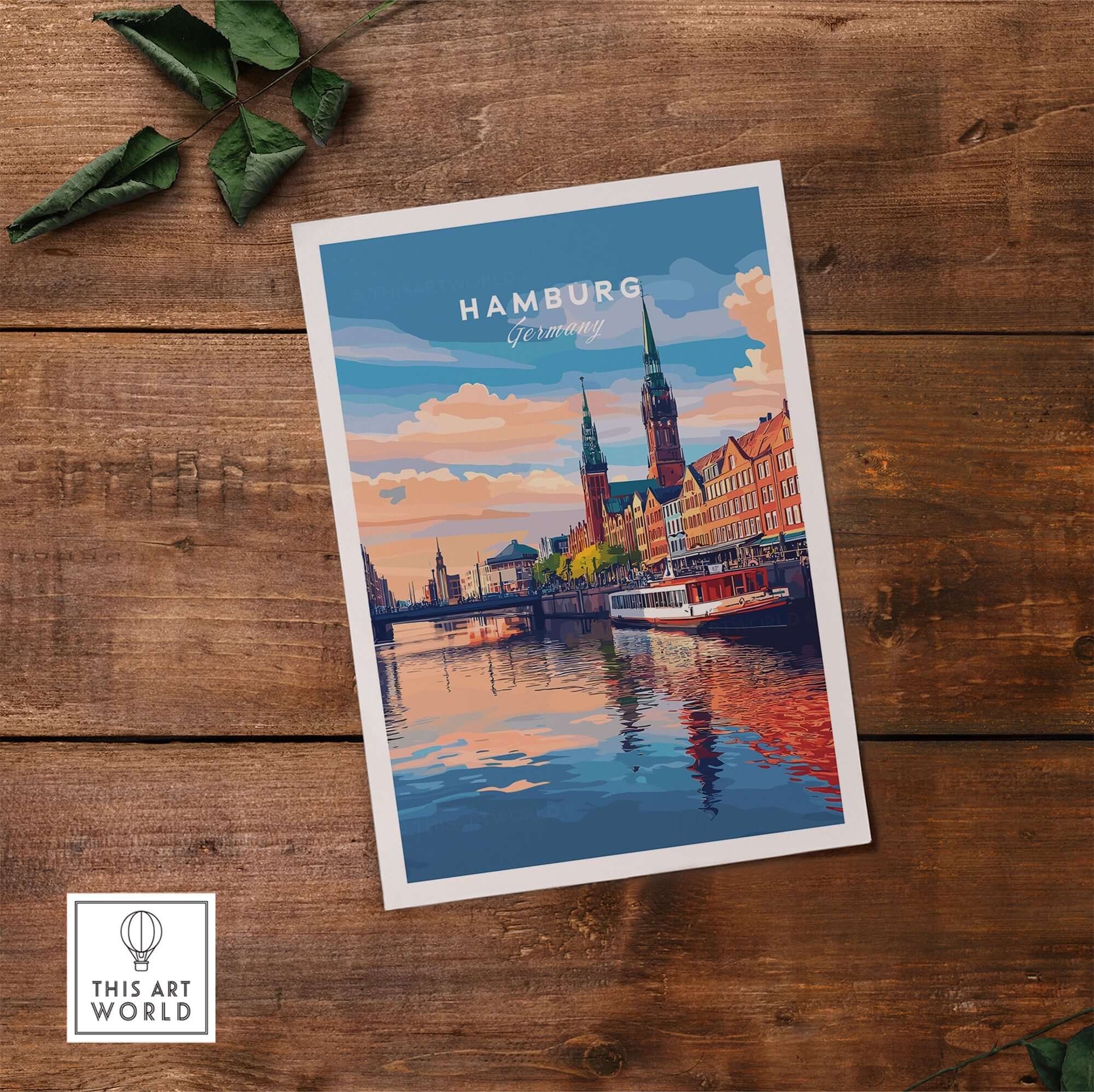 Hamburg Travel Print showcasing beautiful city views and reflections on water, perfect for home or office decor.
