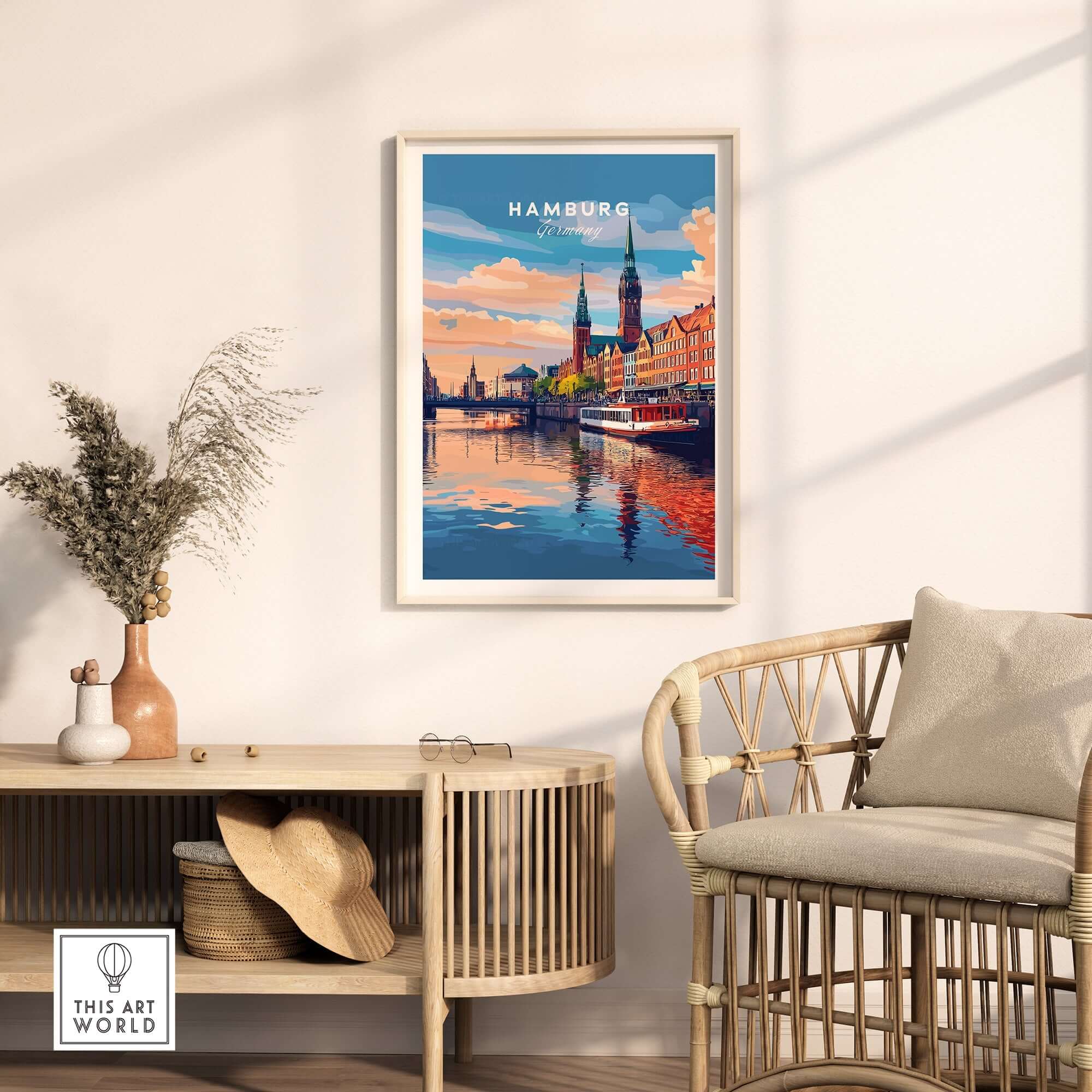 Hamburg Travel Print showcasing the beautiful skyline and reflections in water, perfect for home decor.