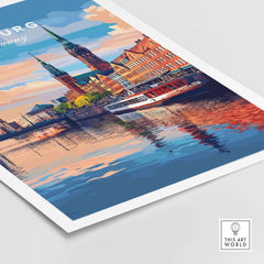 Hamburg Travel Print showcasing picturesque waterfront with historic buildings and reflections in the water.