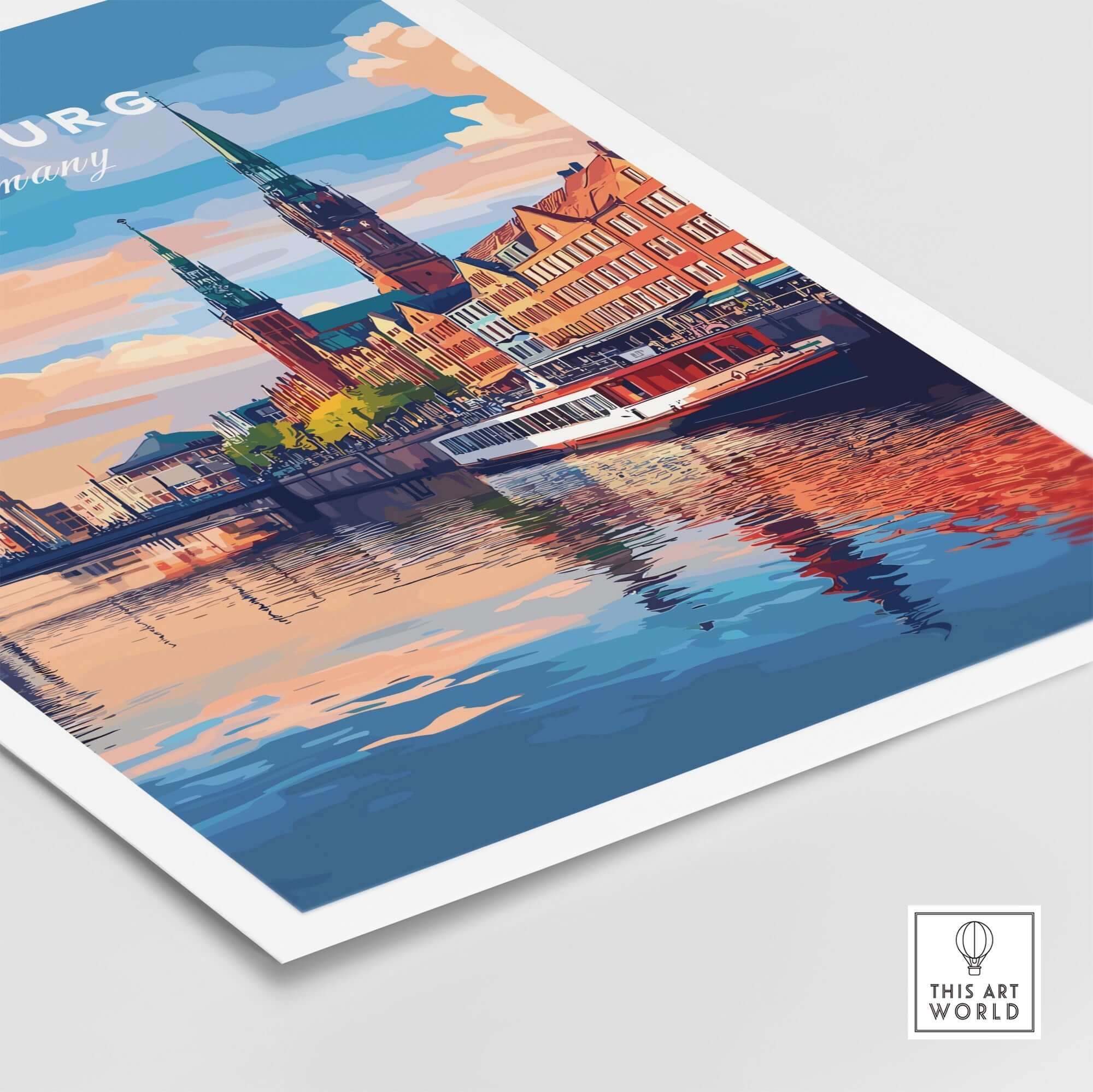 Hamburg Travel Print showcasing picturesque waterfront with historic buildings and reflections in the water.