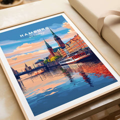 Hamburg Travel Print showcasing the vibrant cityscape of Hamburg, Germany, with colorful reflections on the water.