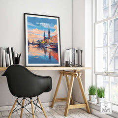 Hamburg Travel Print displayed in a stylish office, capturing the city's beauty and vibrant culture.