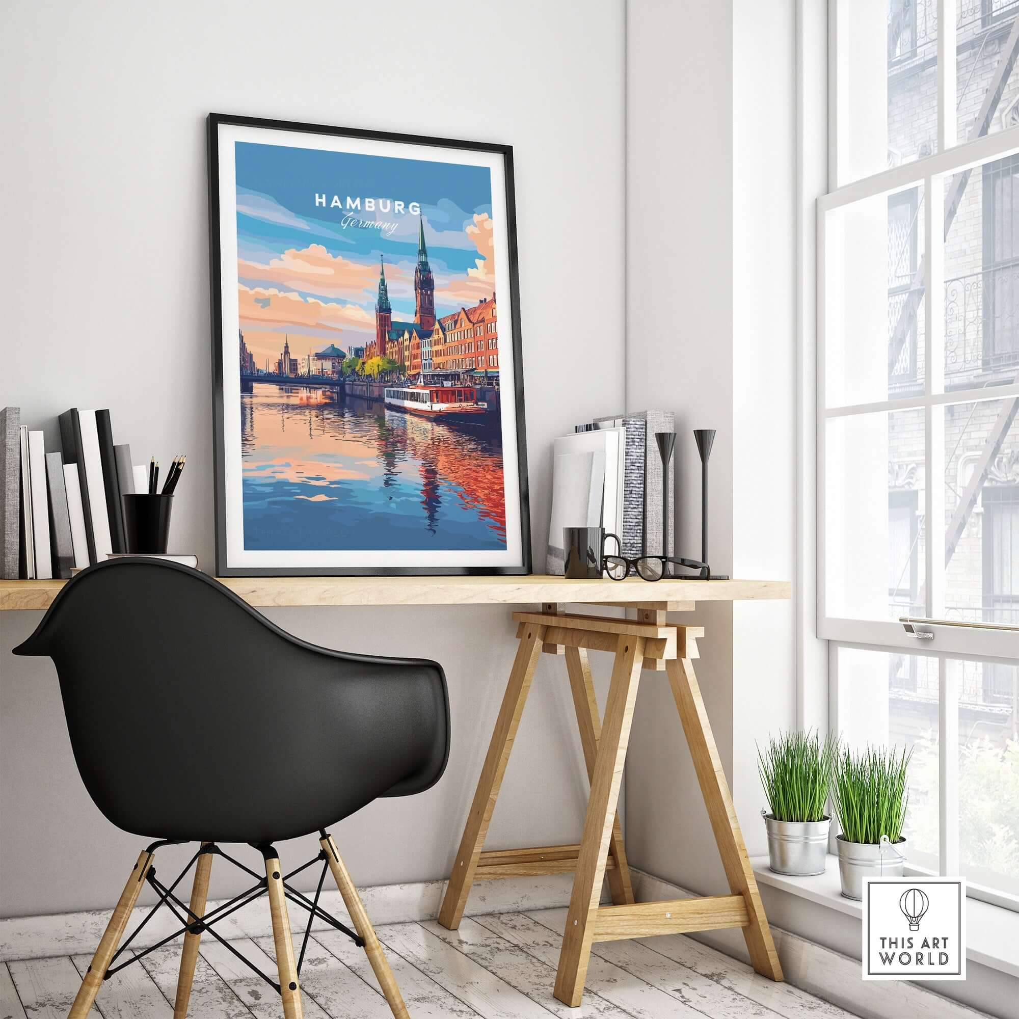 Hamburg Travel Print displayed in a stylish office, capturing the city's beauty and vibrant culture.