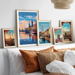 Hamburg Travel Print displayed among other vibrant city posters in an elegant home setting.