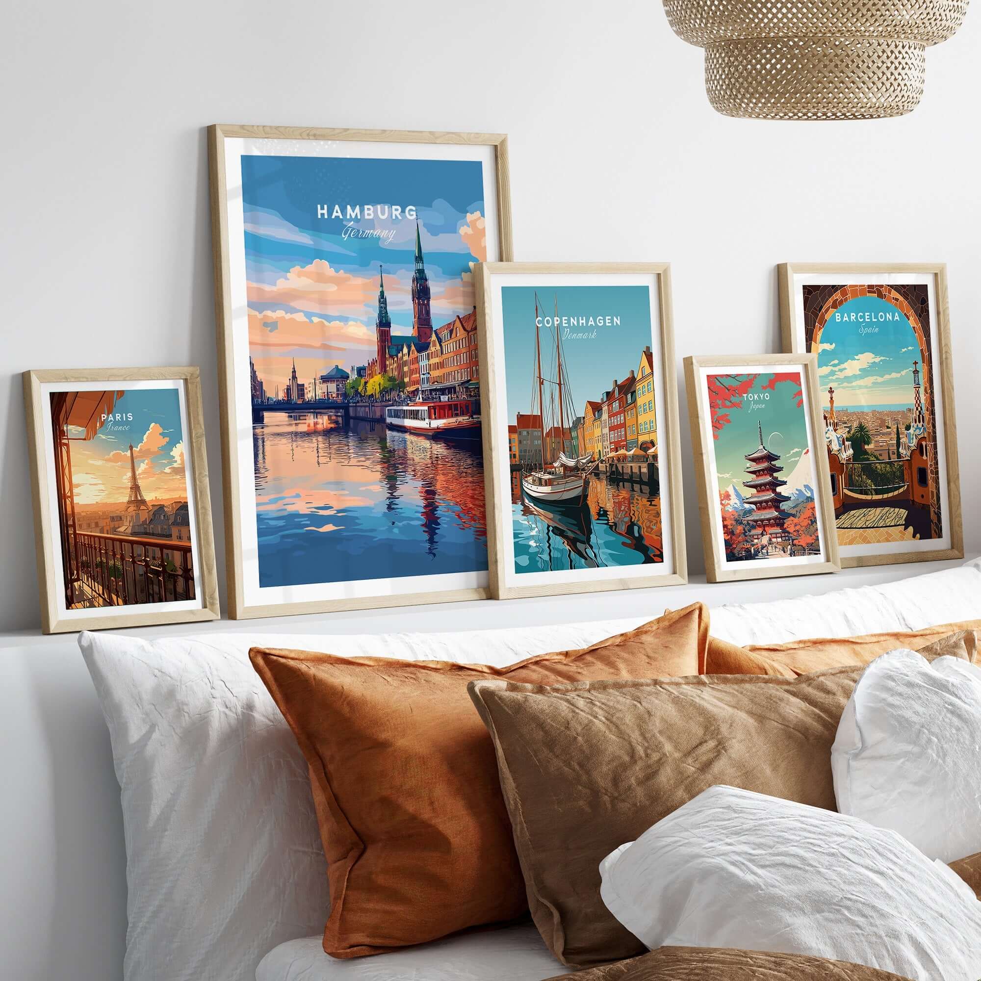 Hamburg Travel Print displayed among other vibrant city posters in an elegant home setting.