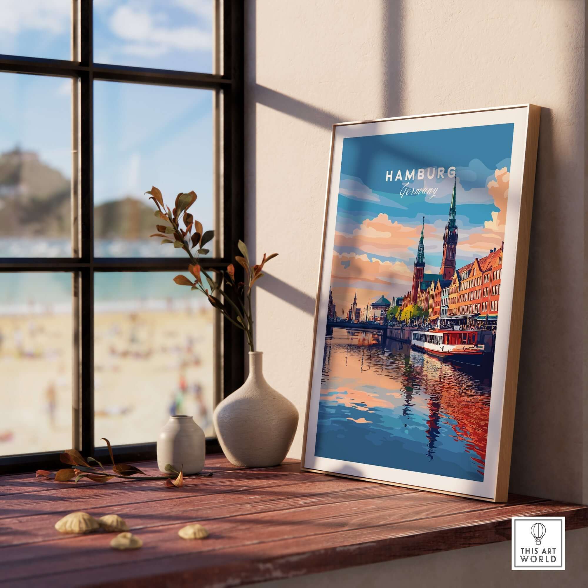 Hamburg Travel Print displayed in a modern interior by the window, showcasing the city's stunning architecture and scenery.