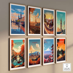 Hamburg Travel Print featuring vibrant cityscapes and iconic landmarks of various cities.