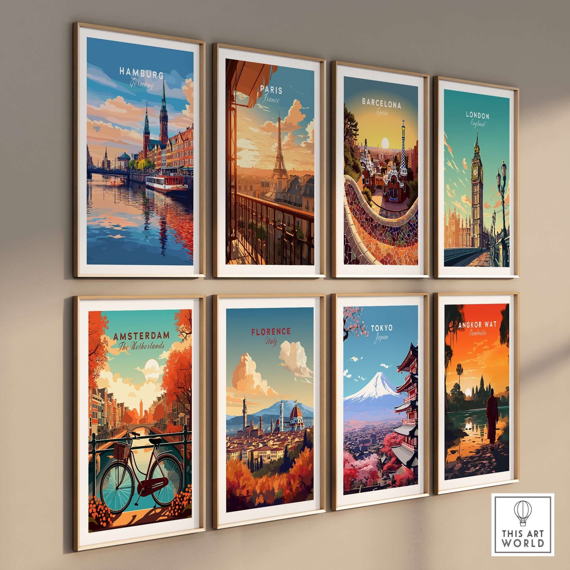 Hamburg Travel Print featuring vibrant cityscapes and iconic landmarks of various cities.