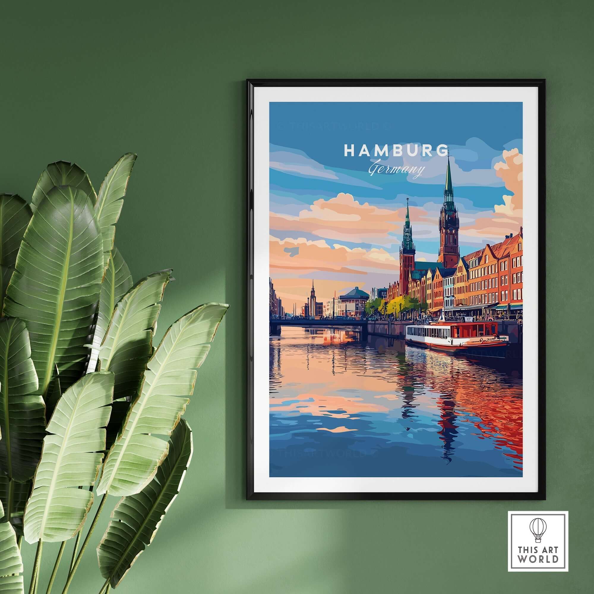 Hamburg Travel Print featuring a scenic view of Hamburg, Germany with reflections on water and city architecture.