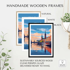 Hamburg Travel Print in handmade wooden frames: natural, white, and black options for easy decorating.