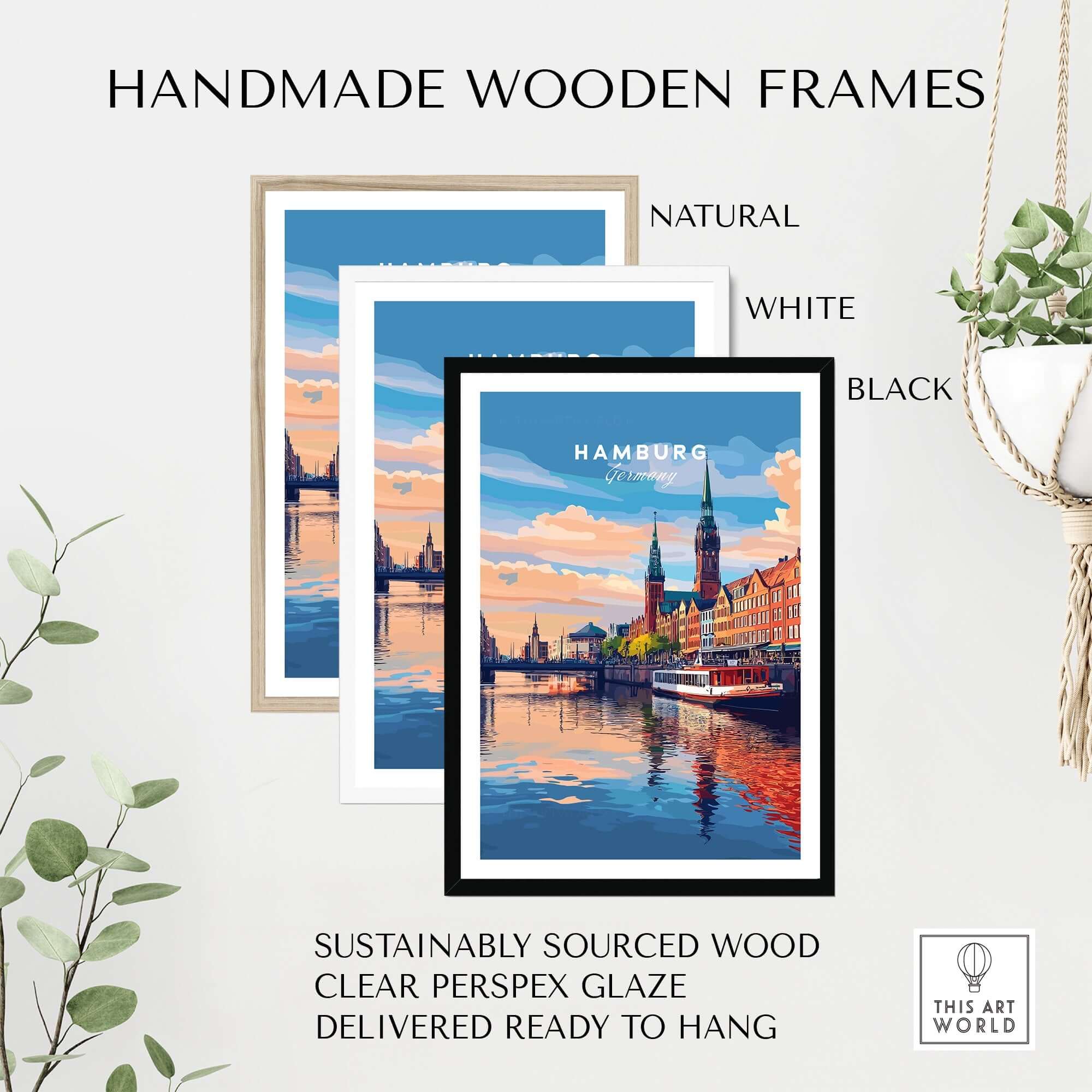 Hamburg Travel Print in handmade wooden frames: natural, white, and black options for easy decorating.