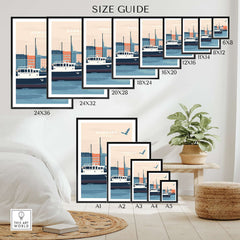 Size guide for Hamburg Wall Art showcasing various dimensions and home decor placement.