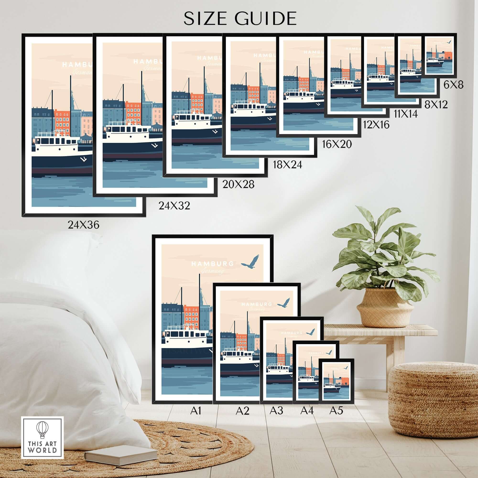 Size guide for Hamburg Wall Art showcasing various dimensions and home decor placement.