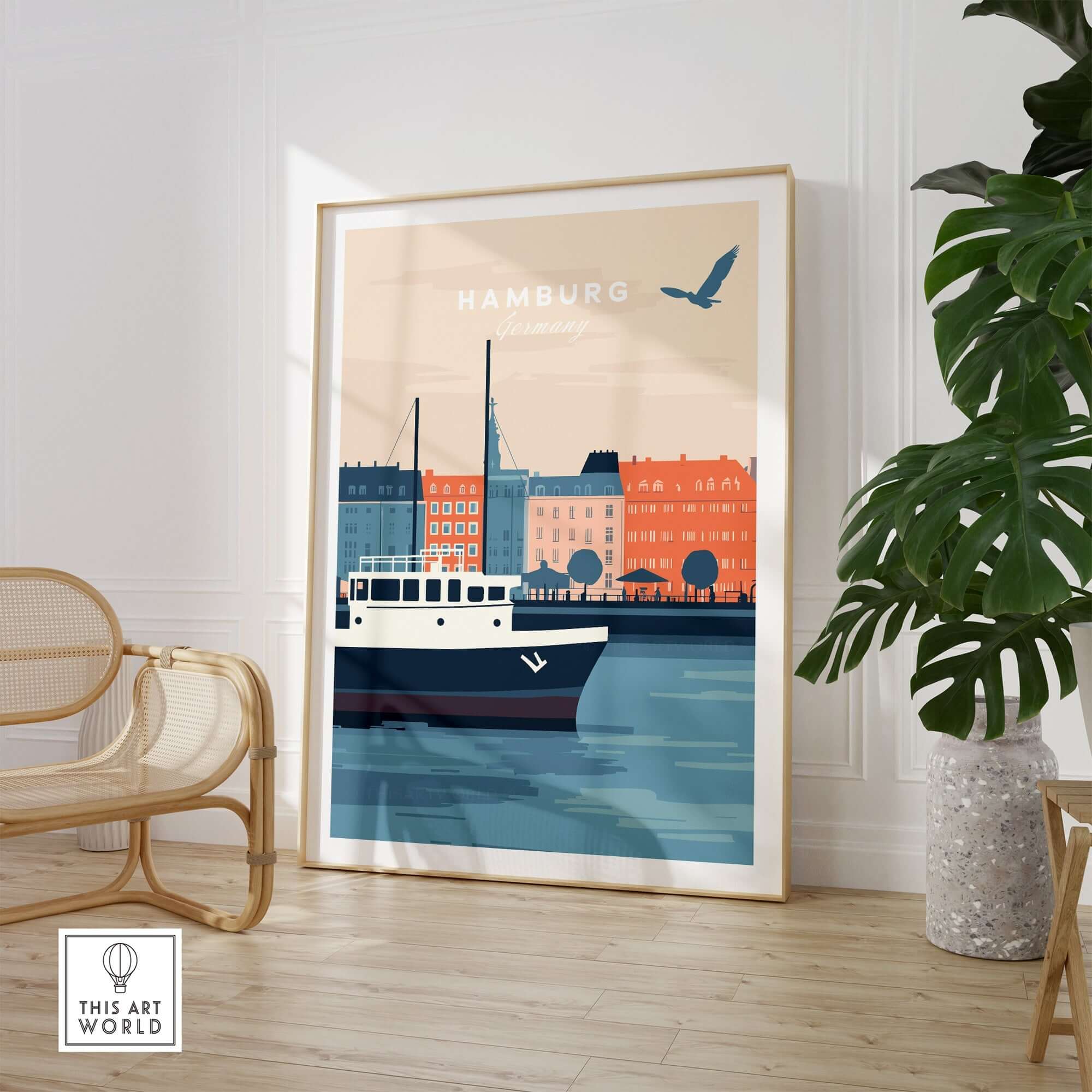 Hamburg Wall Art featuring a stylish depiction of the city with a boat and colorful buildings.