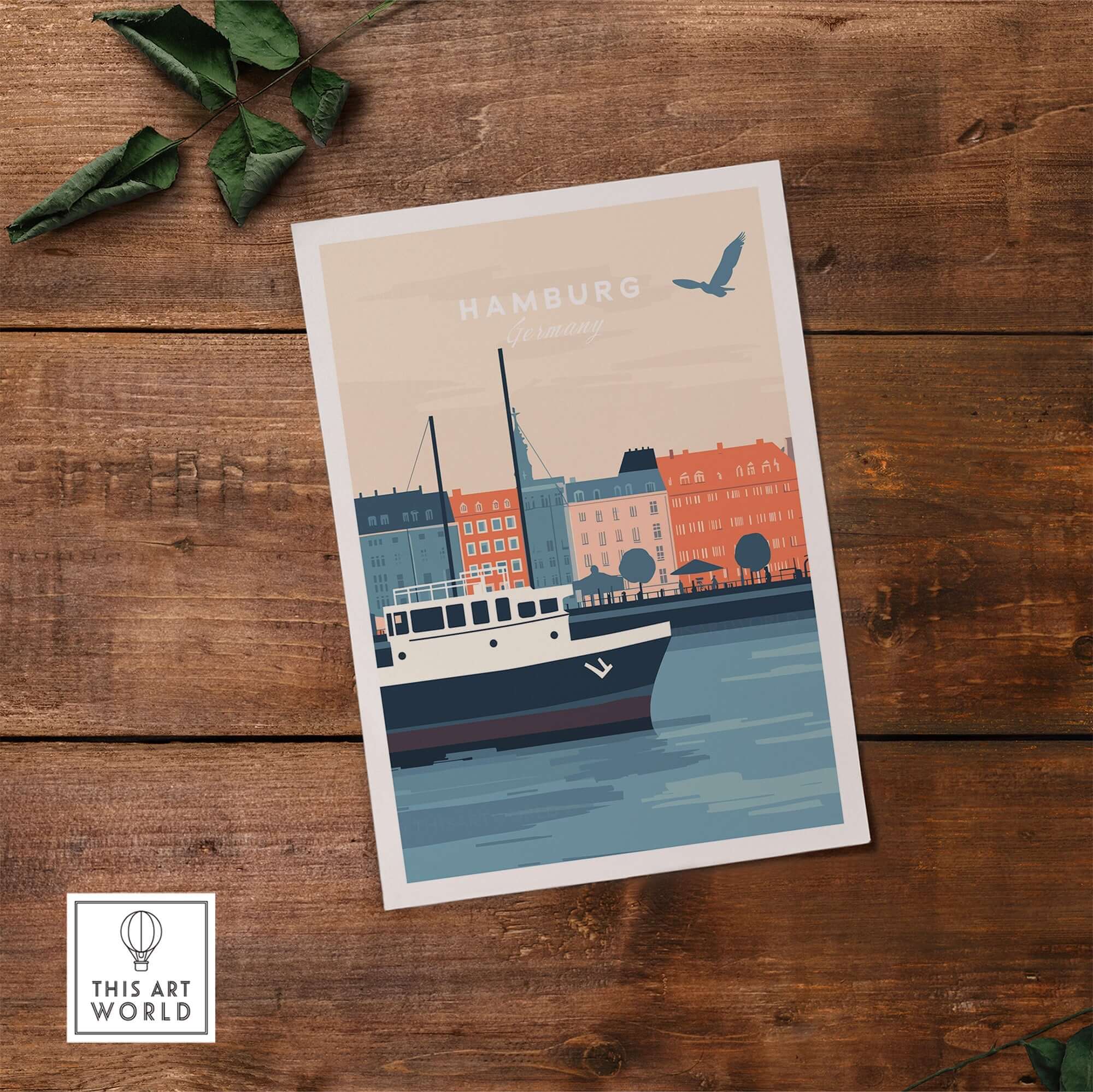 Hamburg Wall Art featuring a scenic view of the city with a boat on the water and colorful buildings.