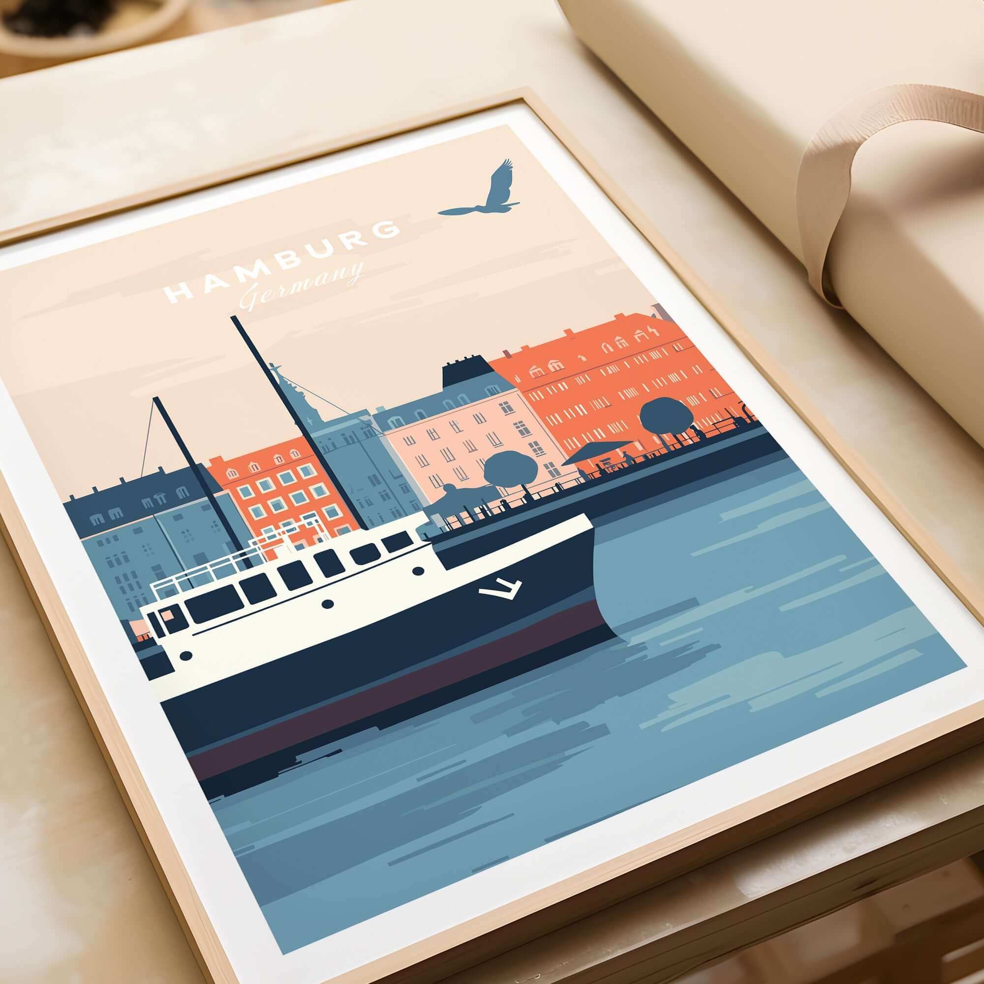 Hamburg Wall Art featuring a colorful depiction of the city with a boat on the water and a charming skyline.