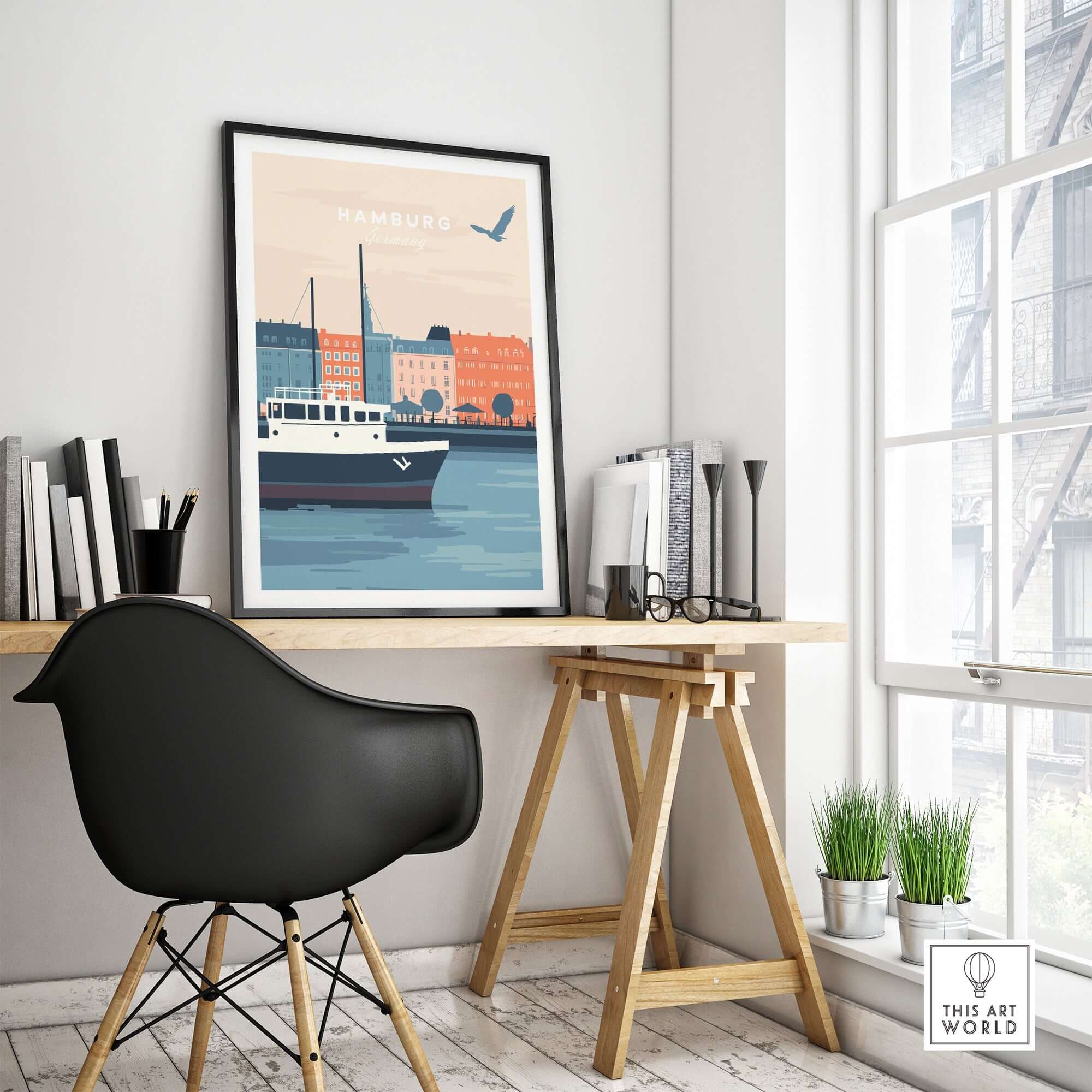 Hamburg Wall Art showcasing a scenic view of the city with a ship, perfect for home décor and inspiration.