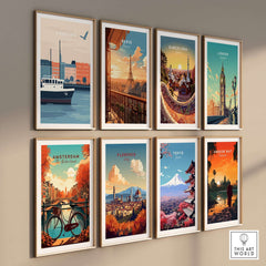 Hamburg Wall Art featuring vibrant city travel posters including Paris, Barcelona, London, and more