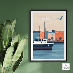 Hamburg Wall Art displaying a scenic view of the city with a boat on the water and colorful buildings in the background.