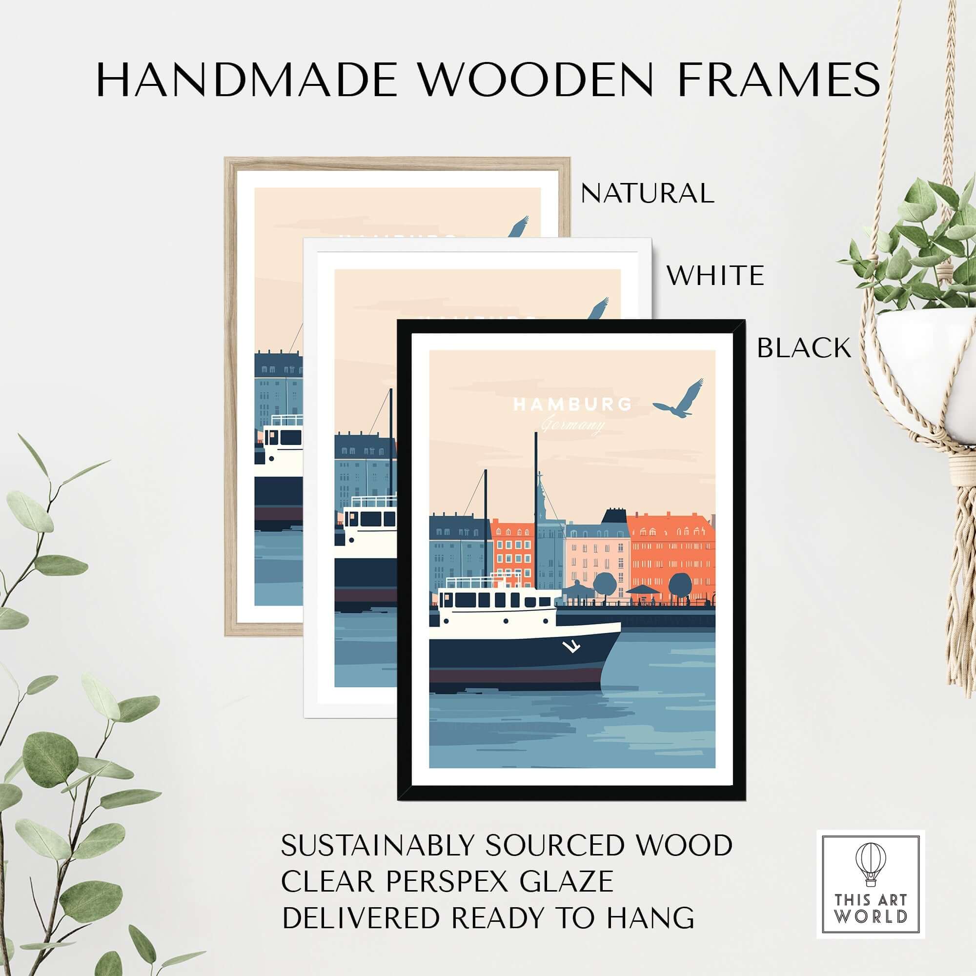Hamburg Wall Art framed in natural, white, and black handmade wooden frames, ideal for home décor.