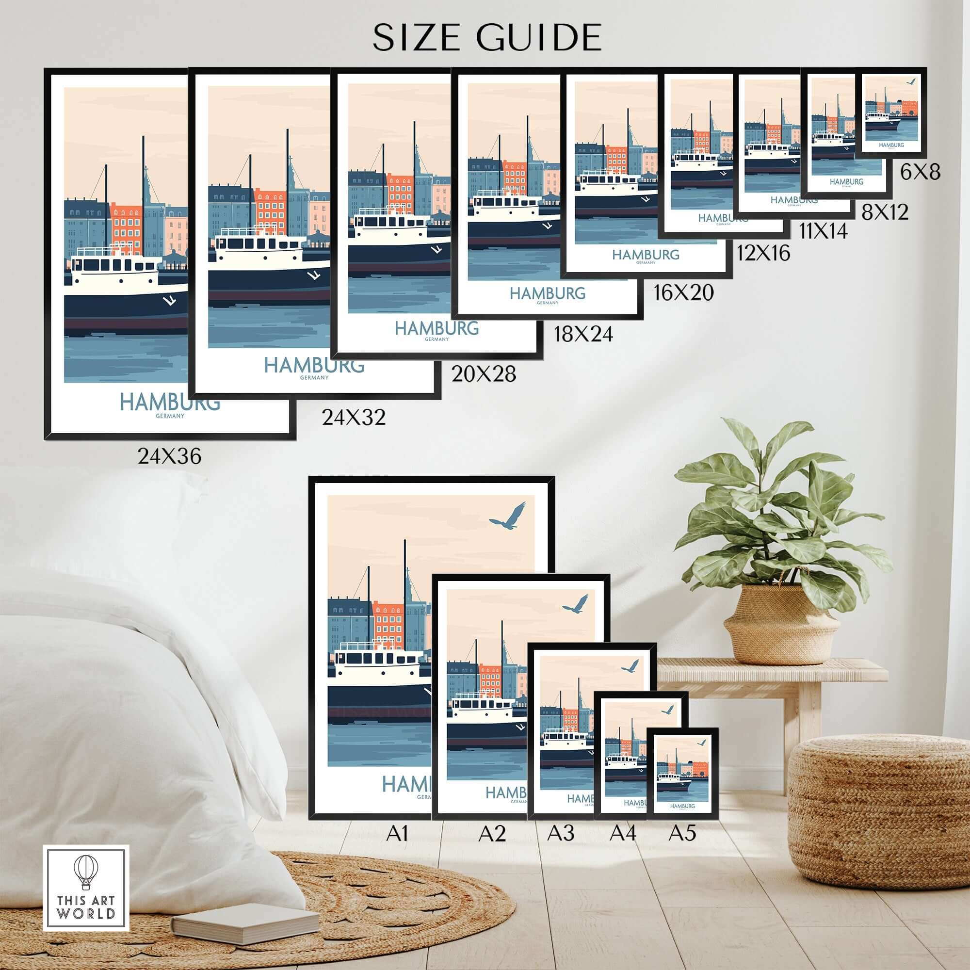 Hamburg Wall Art Print size guide featuring various print sizes and styles for home decor