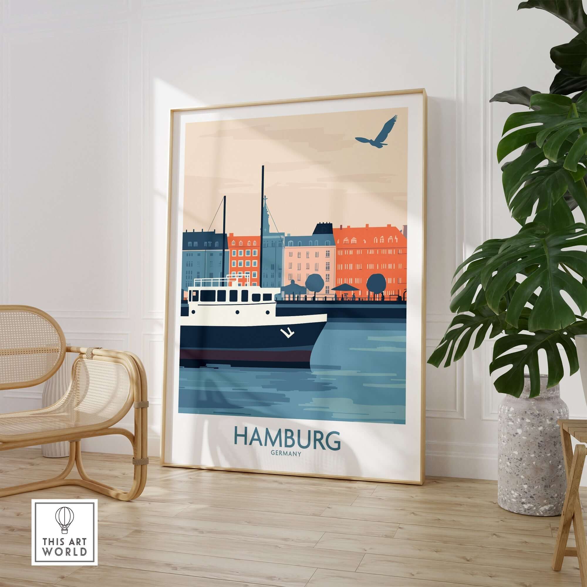 Hamburg Wall Art Print featuring a vibrant depiction of Hamburg's waterfront and architecture.