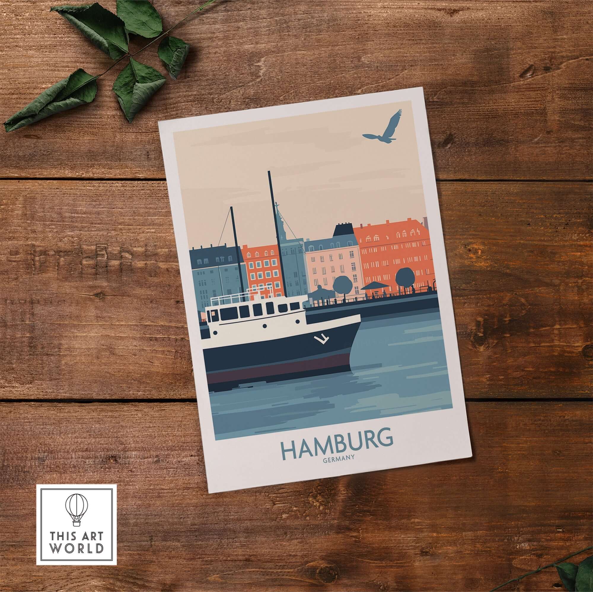 Hamburg Wall Art Print showcasing the city's architecture and harbor on a vibrant travel poster.