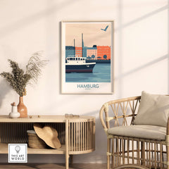 Hamburg Wall Art Print showcasing a boat on the water with colorful buildings in the background, perfect for home decor.