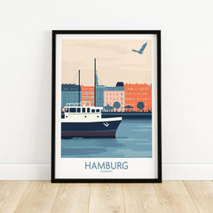 Hamburg Wall Art Print featuring a boat and colorful waterfront buildings in Germany, perfect for home decor.