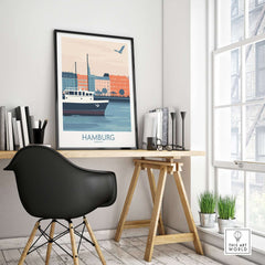 Hamburg Wall Art Print displayed in a modern home office setting, showcasing iconic Hamburg architecture and a boat.
