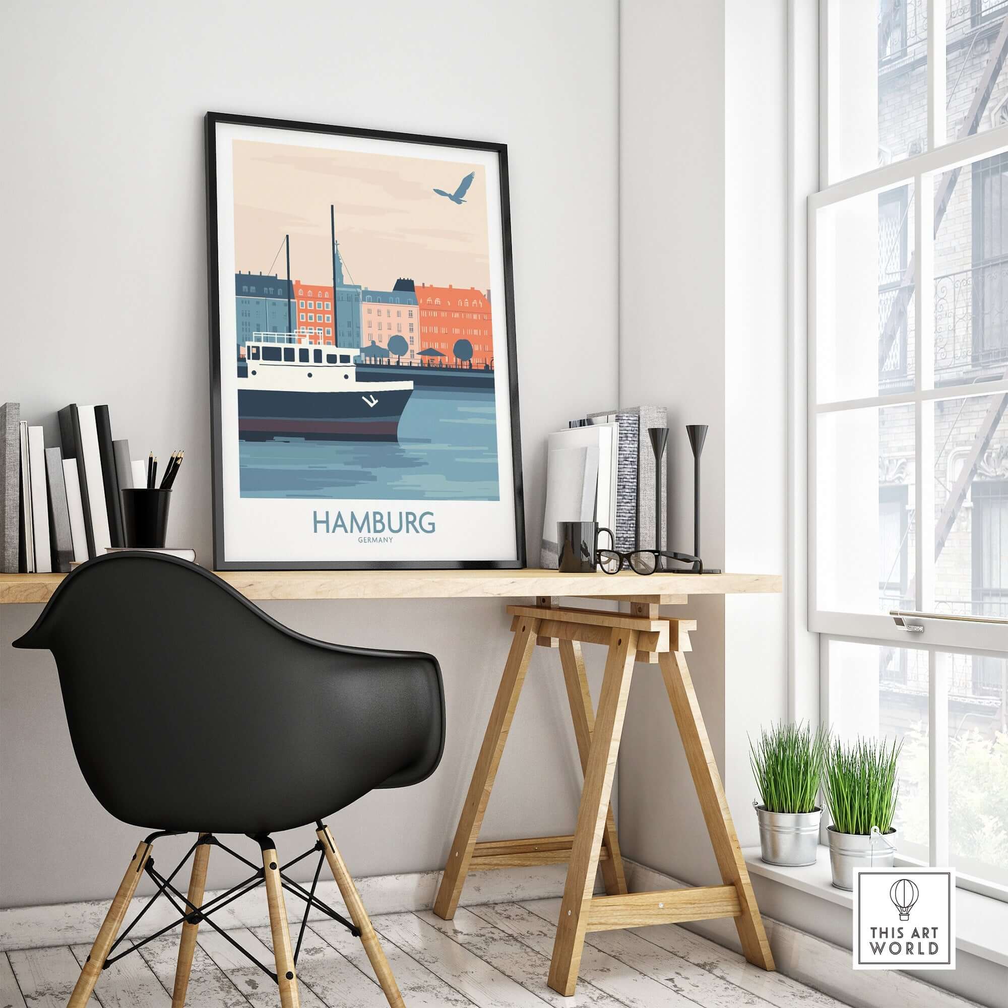 Hamburg Wall Art Print displayed in a modern home office setting, showcasing iconic Hamburg architecture and a boat.